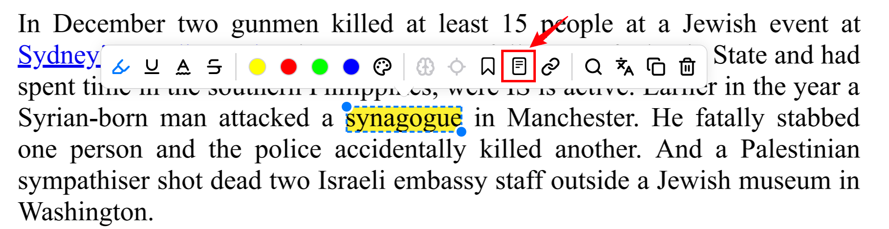 浮动工具栏中点击笔记按钮